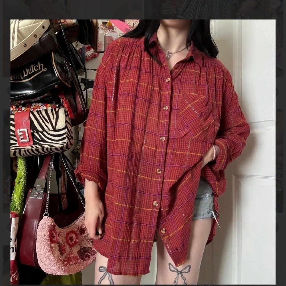 Free People break my stride Red Button-Up medium